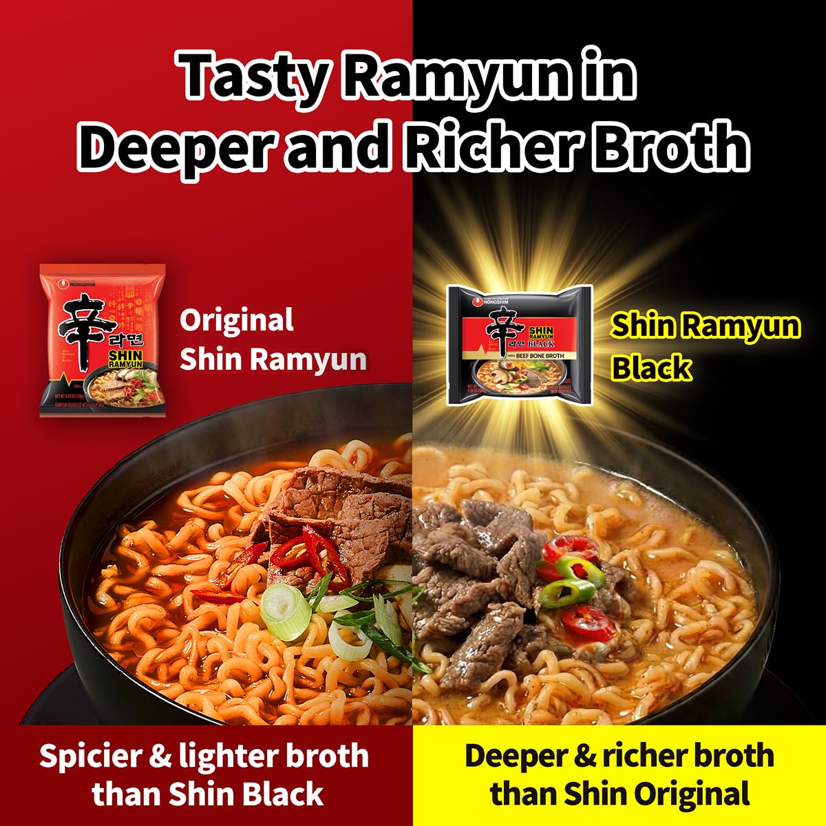Nongshim Shin Ramyun Black Noodles – Spicy Beef Bone Broth Ramyun (16-Pack)