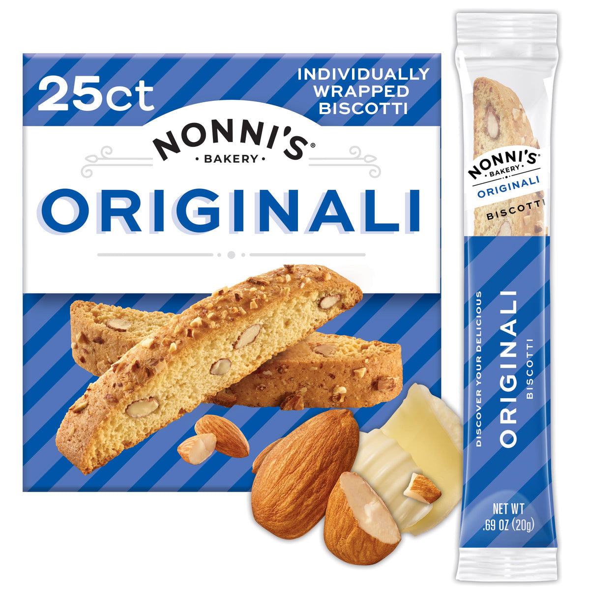 Nonni's Originali Classic Almond Biscotti – Individually Wrapped Twice-Baked Italian Snack, 80 Cal per Serving, 17.25 oz