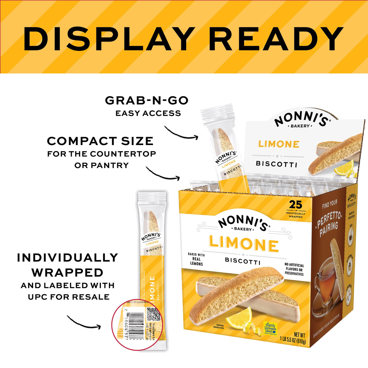 Nonni's Limone Lemon-Iced Biscotti Cookies – Individually Wrapped Italian Tea-Time Snack, 110 Cal Each, 21.5 oz Carton