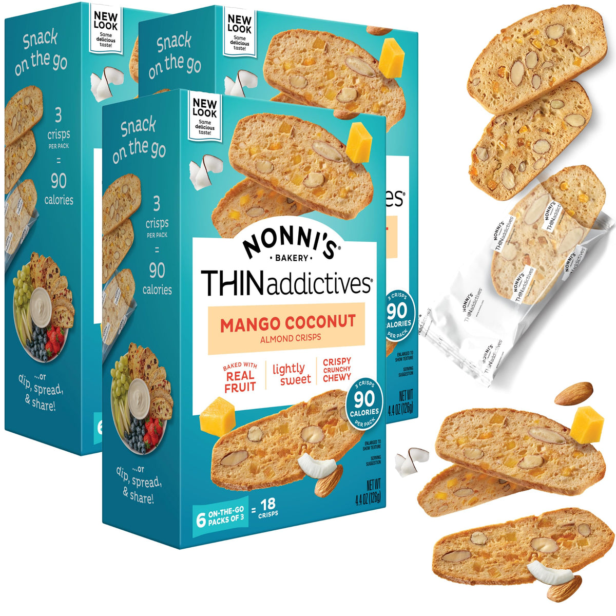 Nonni's THINaddictives Almond Thin Cookies – Mango & Coconut Edition, 3 Boxes | 90 Cal per Serving, Kosher
