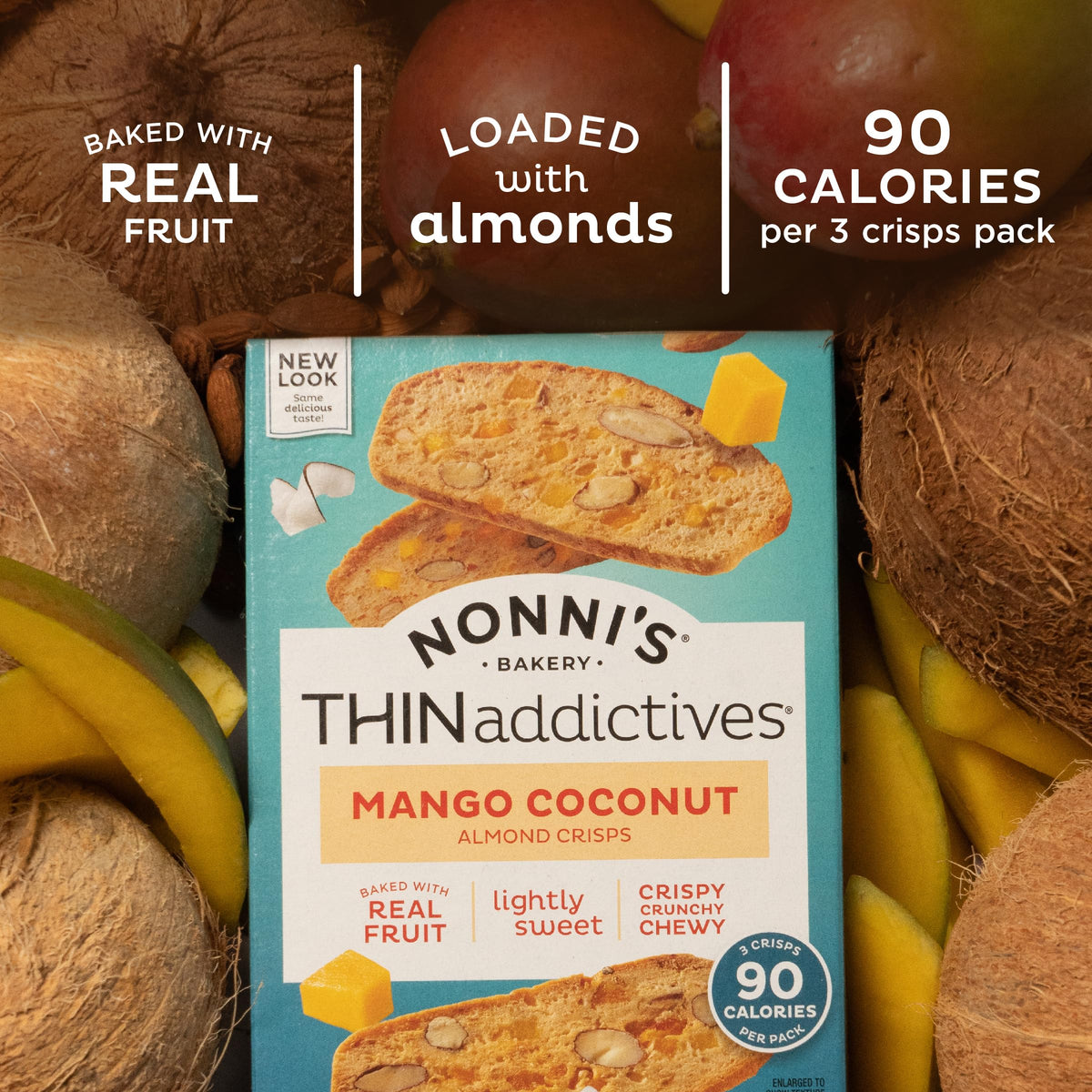 Nonni's THINaddictives Almond Thin Cookies – Mango & Coconut Edition, 3 Boxes | 90 Cal per Serving, Kosher