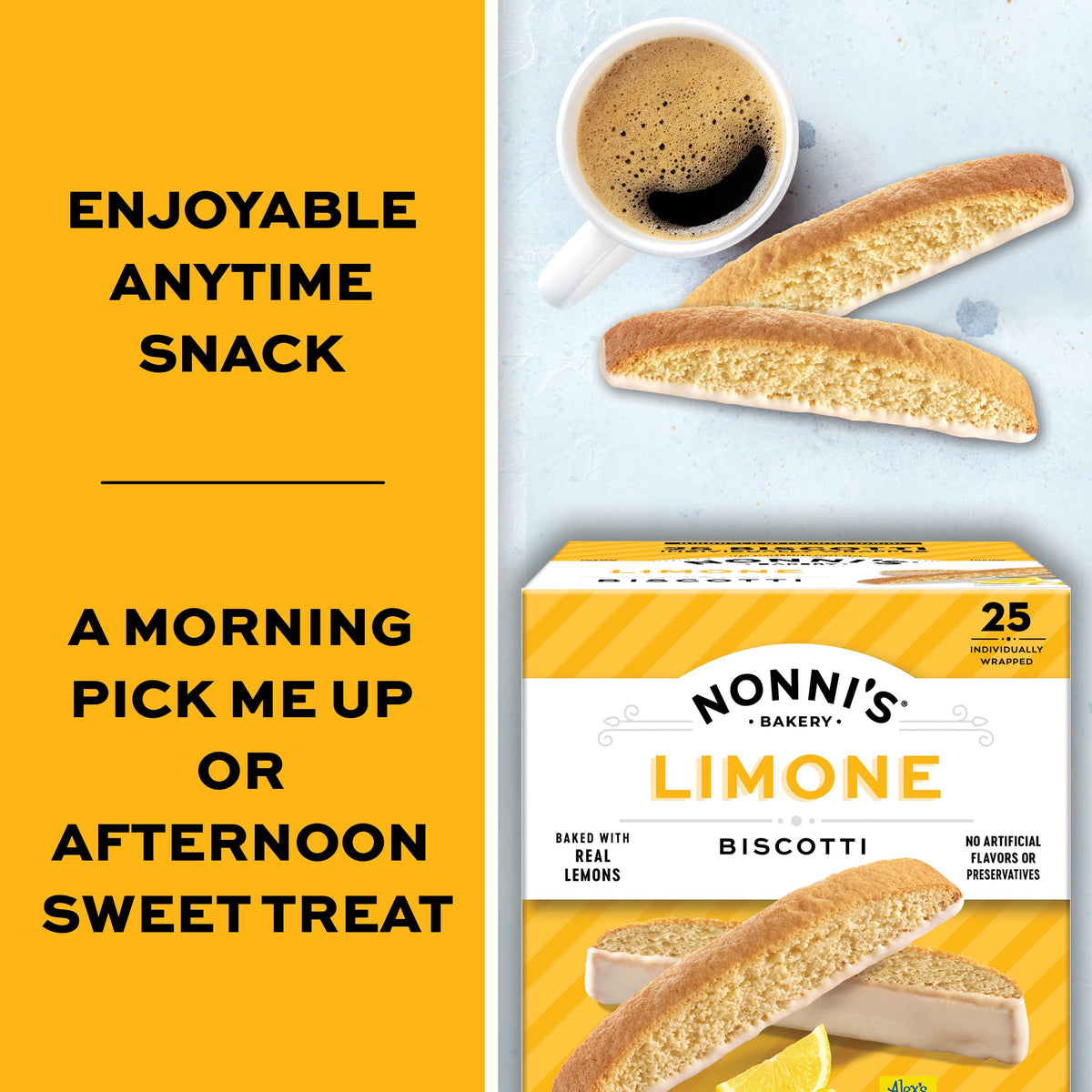 Nonni's Limone Lemon-Iced Biscotti Cookies – Individually Wrapped Italian Tea-Time Snack, 110 Cal Each, 21.5 oz Carton