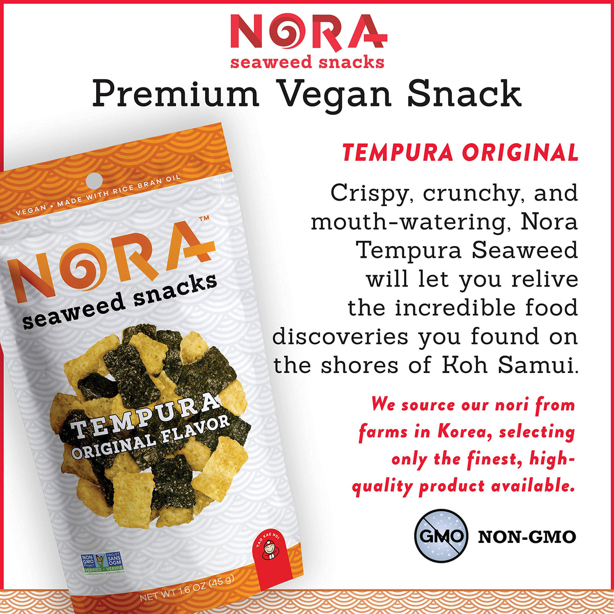 NORA Original Tempura Seaweed Snacks - Thick Nori Sheets, Low-Carb Vegan Snack 6-Pack