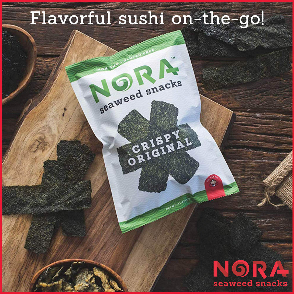 NORA Original Crispy Seaweed Snacks – Low-Carb Vegan Nori Chips, 6-Pack