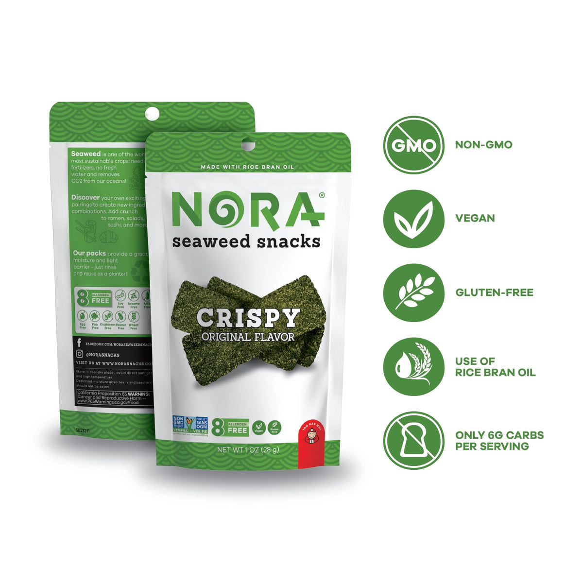 NORA Original Crispy Seaweed Snacks – Low-Carb Vegan Nori Chips, 6-Pack