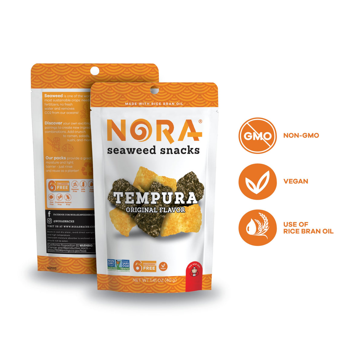 NORA Original Tempura Seaweed Snacks - Thick Nori Sheets, Low-Carb Vegan Snack 6-Pack