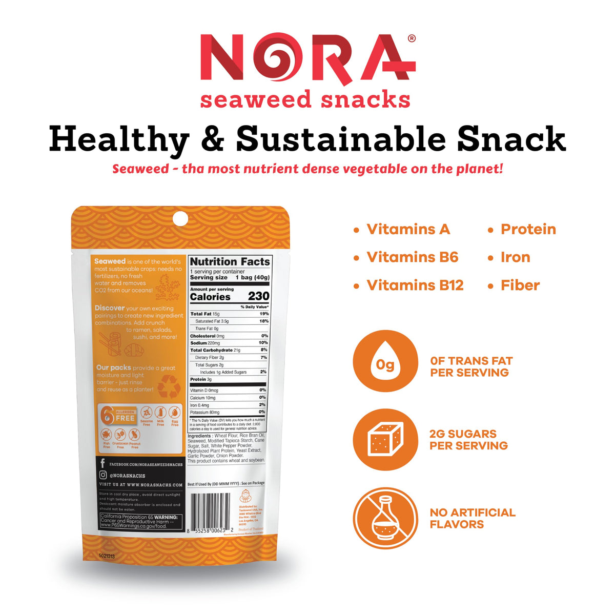 NORA Original Tempura Seaweed Snacks - Thick Nori Sheets, Low-Carb Vegan Snack 6-Pack