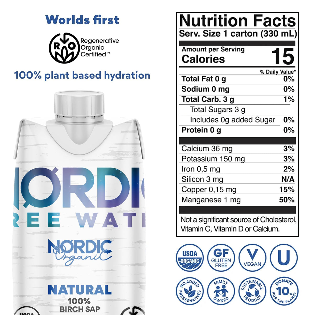 Nordic Tree Water Birch Sap – Regenerative Organic Certified, Electrolytes & Prebiotics (12-Pack)