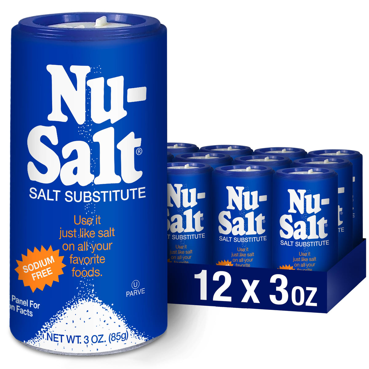 Nu-Salt Sodium-Free Salt Substitute with Potassium Chloride | Vegan, Kosher Parve, 3oz Shaker (Pack of 12) for Fries, Popcorn, Chips & Pretzels