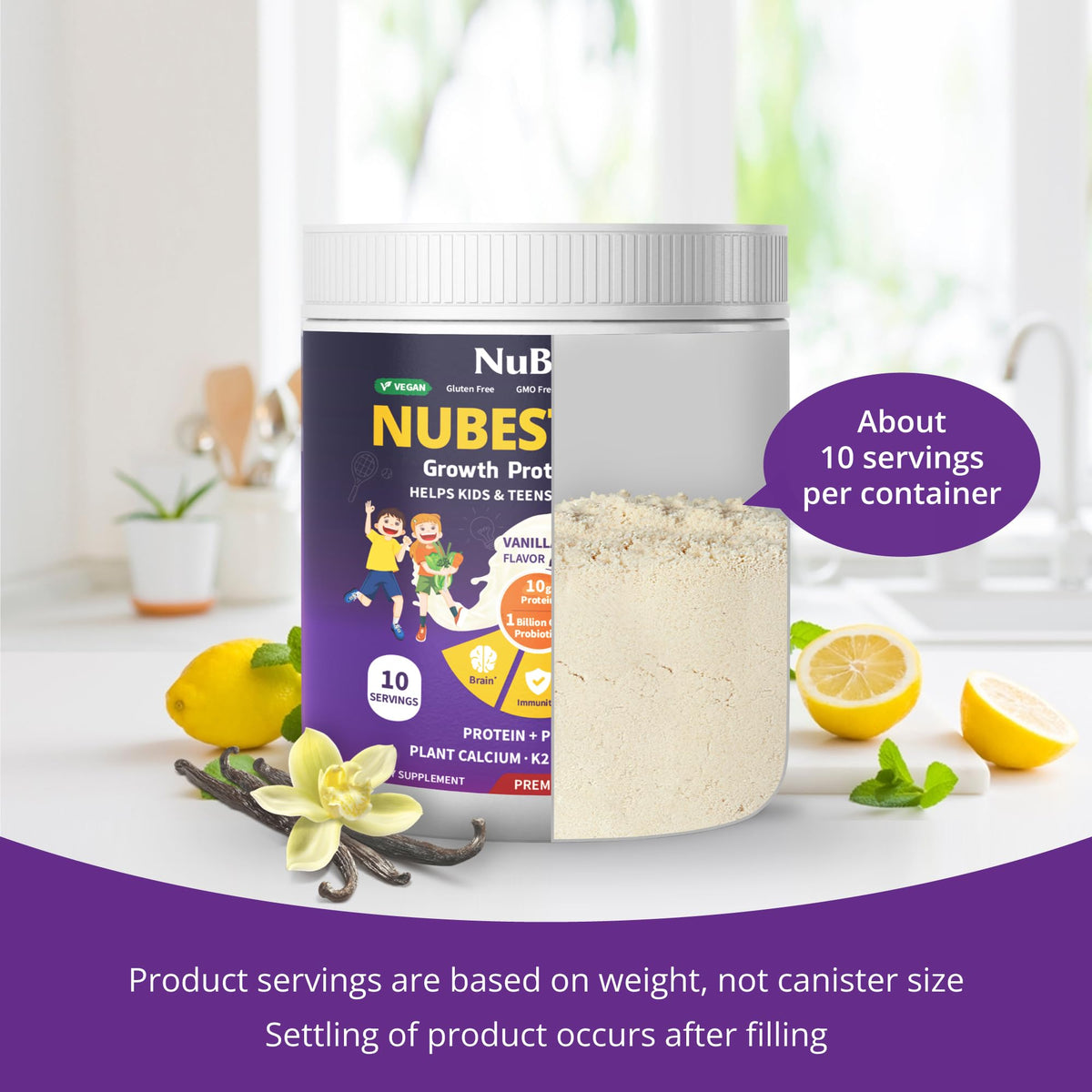 NuBest Tall Vanilla Plant-Based Protein Powder for Kids & Teens – 10 Servings, Probiotics, Omega 3-6-9, Vitamin D3 + K2, Calcium