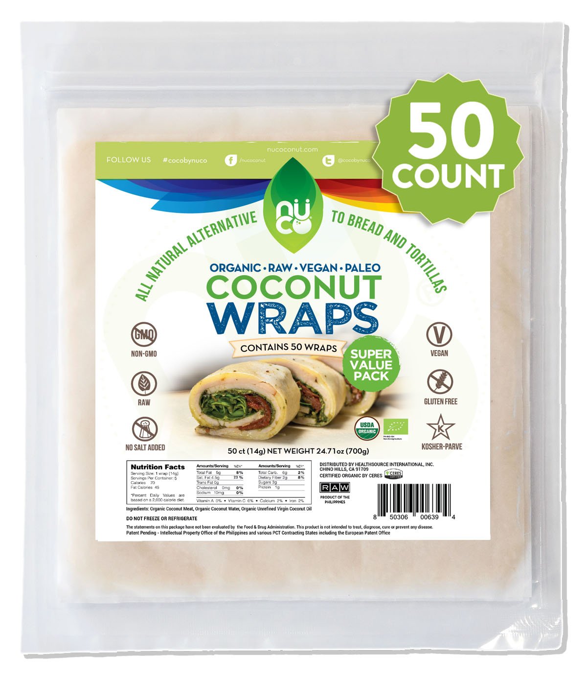 NUCO Certified Organic Coconut Wraps – Paleo, Gluten-Free, Vegan (50 Count)