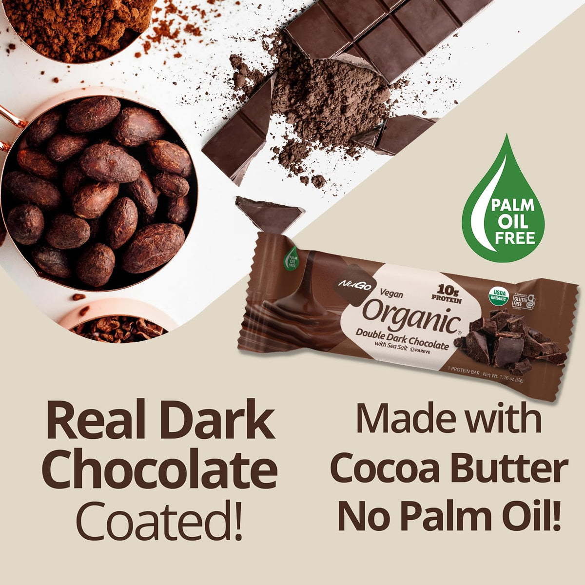 NuGo Organic Double Dark Chocolate Protein Bar – 10g Vegan, Gluten Free, 24 Count