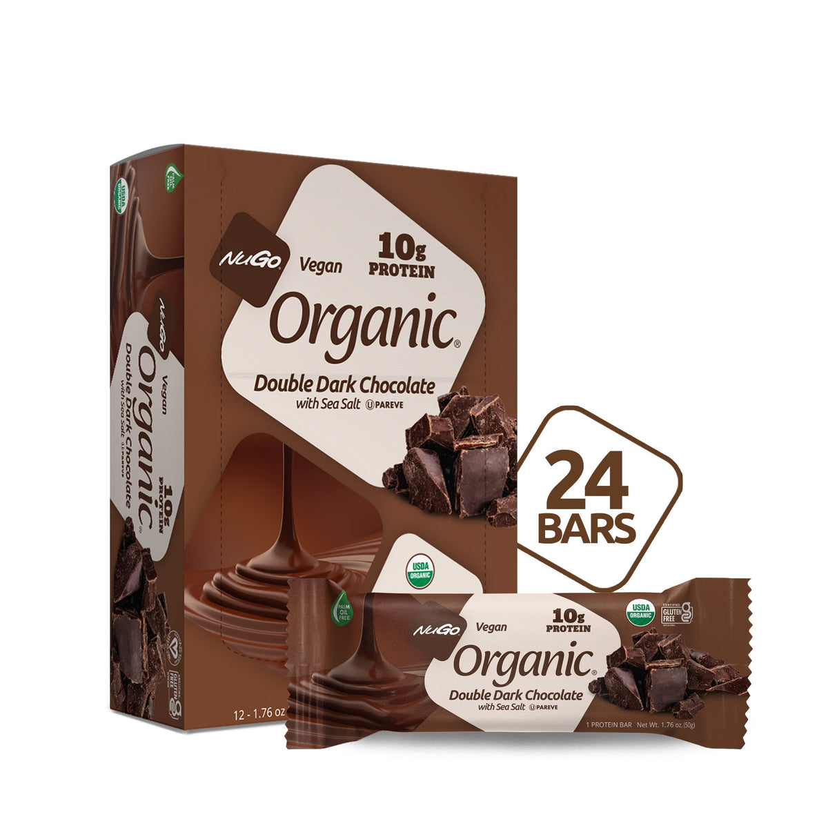 NuGo Organic Double Dark Chocolate Protein Bar – 10g Vegan, Gluten Free, 24 Count