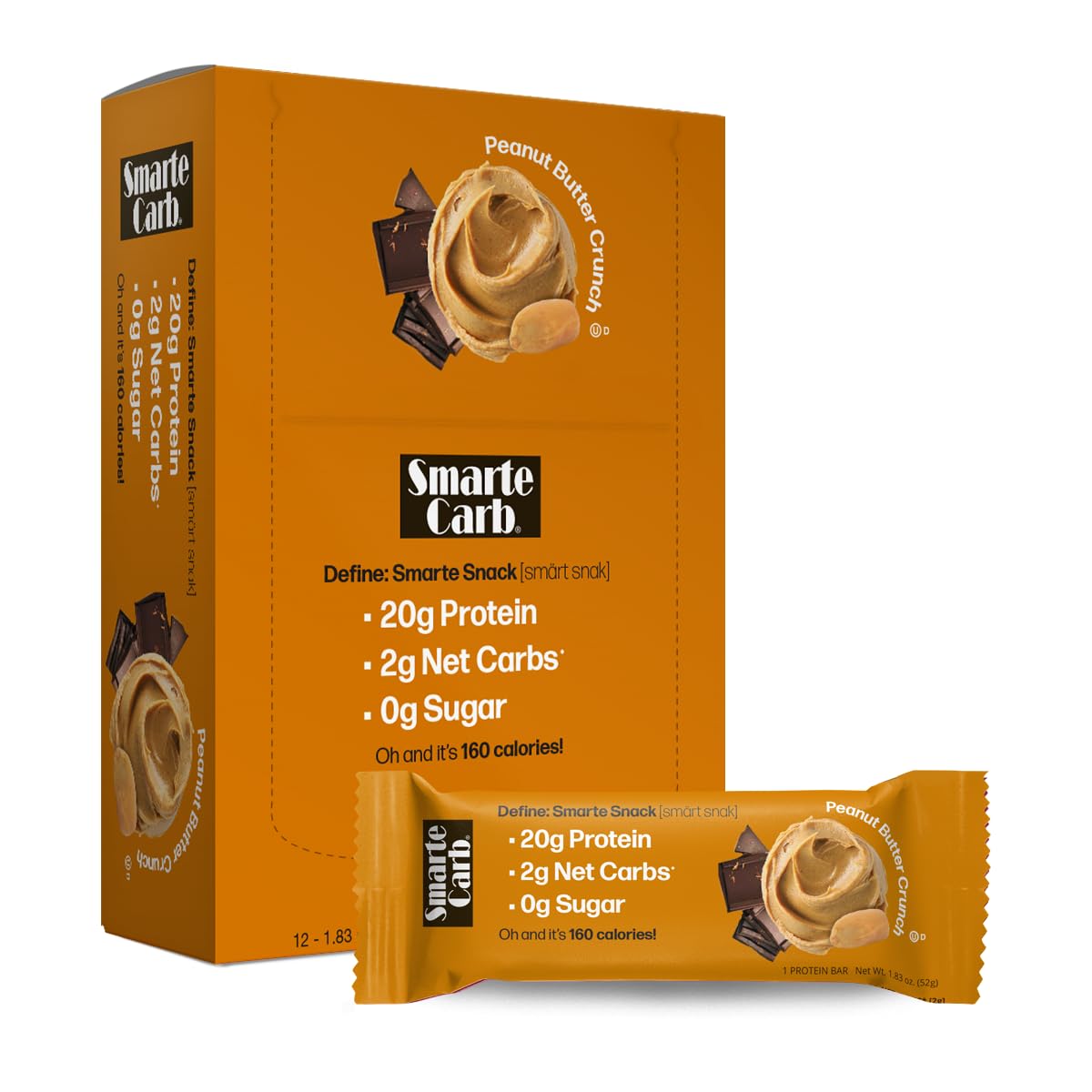 NuGo Smarte Carb Peanut Butter Crunch Bar — 20g Protein, 0g Sugar, 2g Net Carbs, 160 Calories | Brown Sugar Free