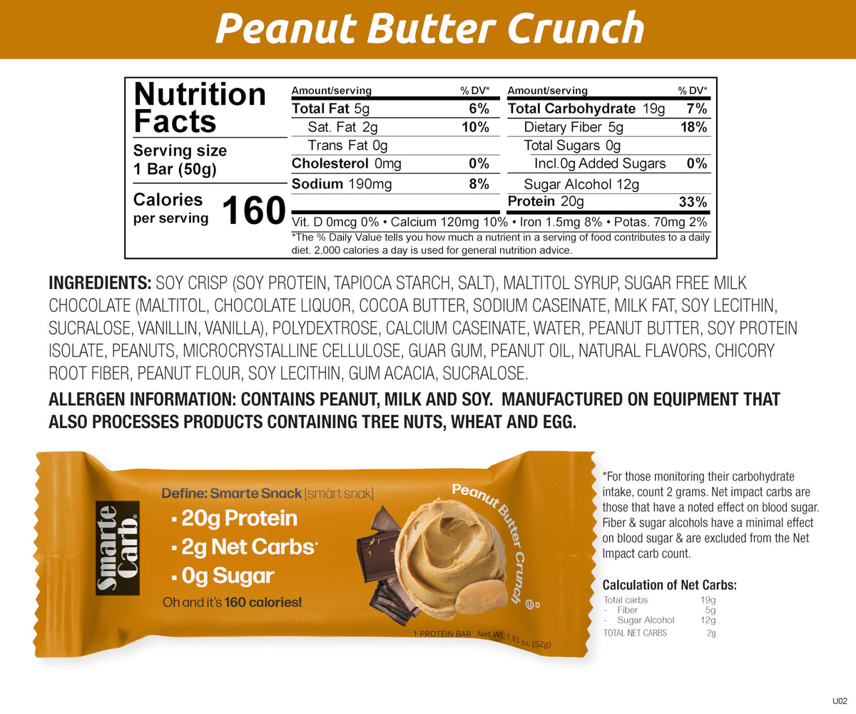 NuGo Smarte Carb Peanut Butter Crunch Bar — 20g Protein, 0g Sugar, 2g Net Carbs, 160 Calories | Brown Sugar Free