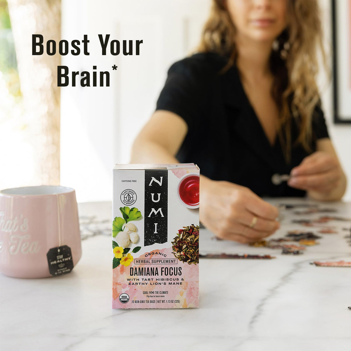 Numi Organic Damiana Focus Herbal Tea – Caffeine Free, Mental Clarity & Natural Energy (48 Bags)