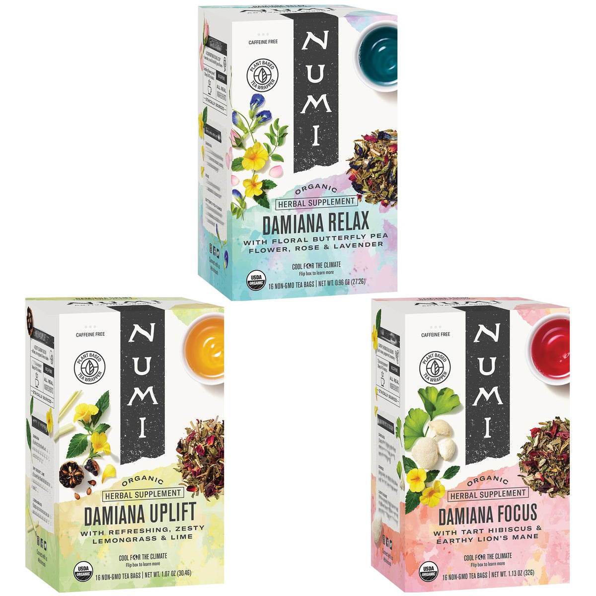 Numi Organic Damiana Herbal Tea Variety Pack – Relax, Focus & Uplift (Three 16-Count Boxes)