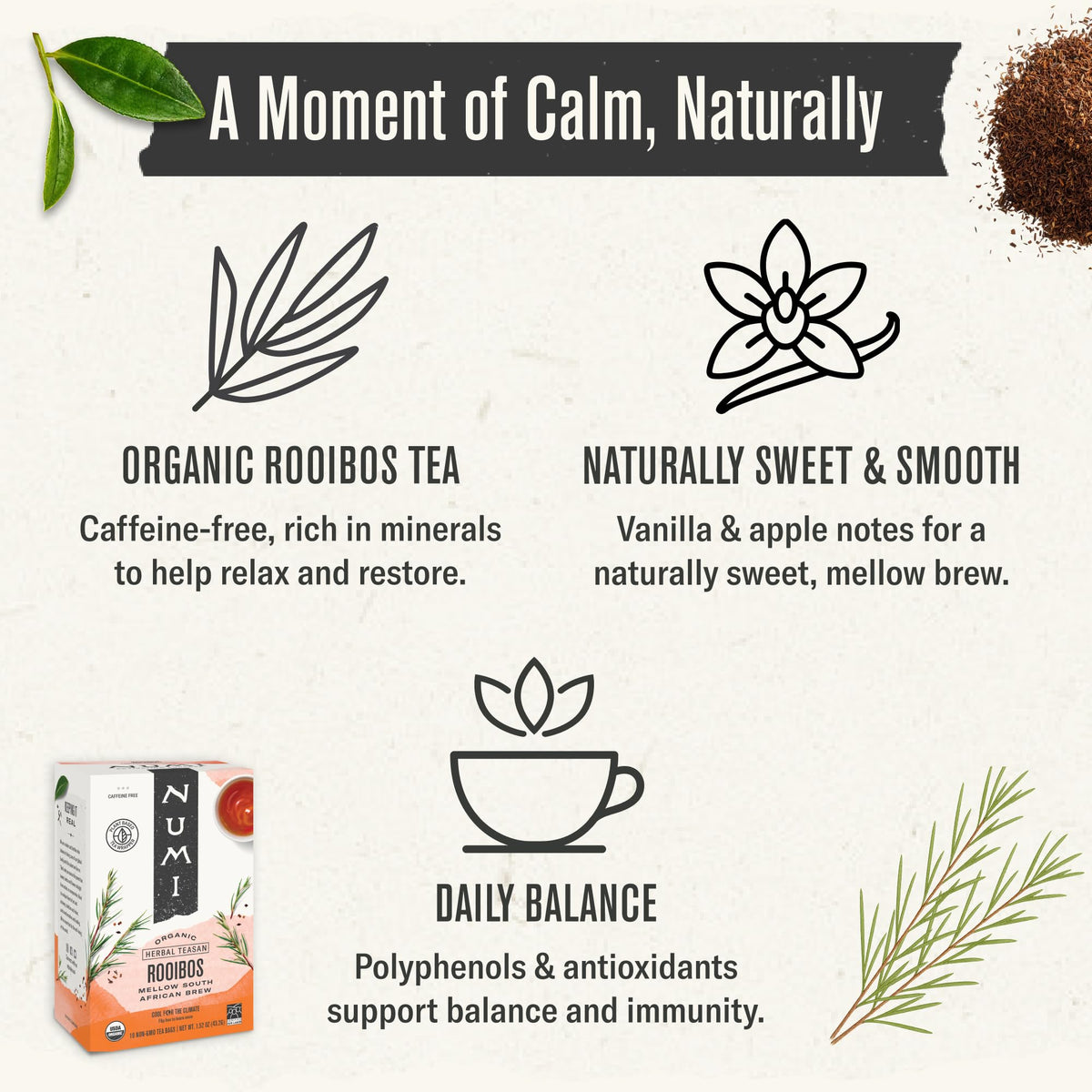 Numi Organic Rooibos Tea — Caffeine Free, 54 Microplastic Free Bags