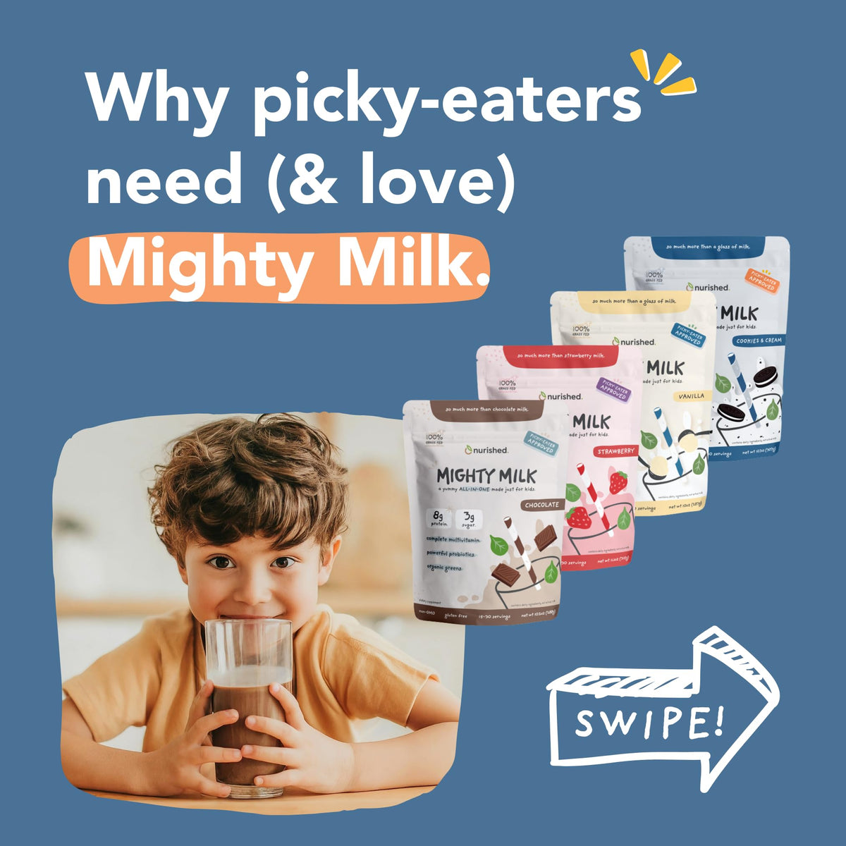 Nurished Mighty Chocolate Milk: Kids’ Daily Protein Powder with 2B Probiotics & Organic Spinach - 15-30 Servings