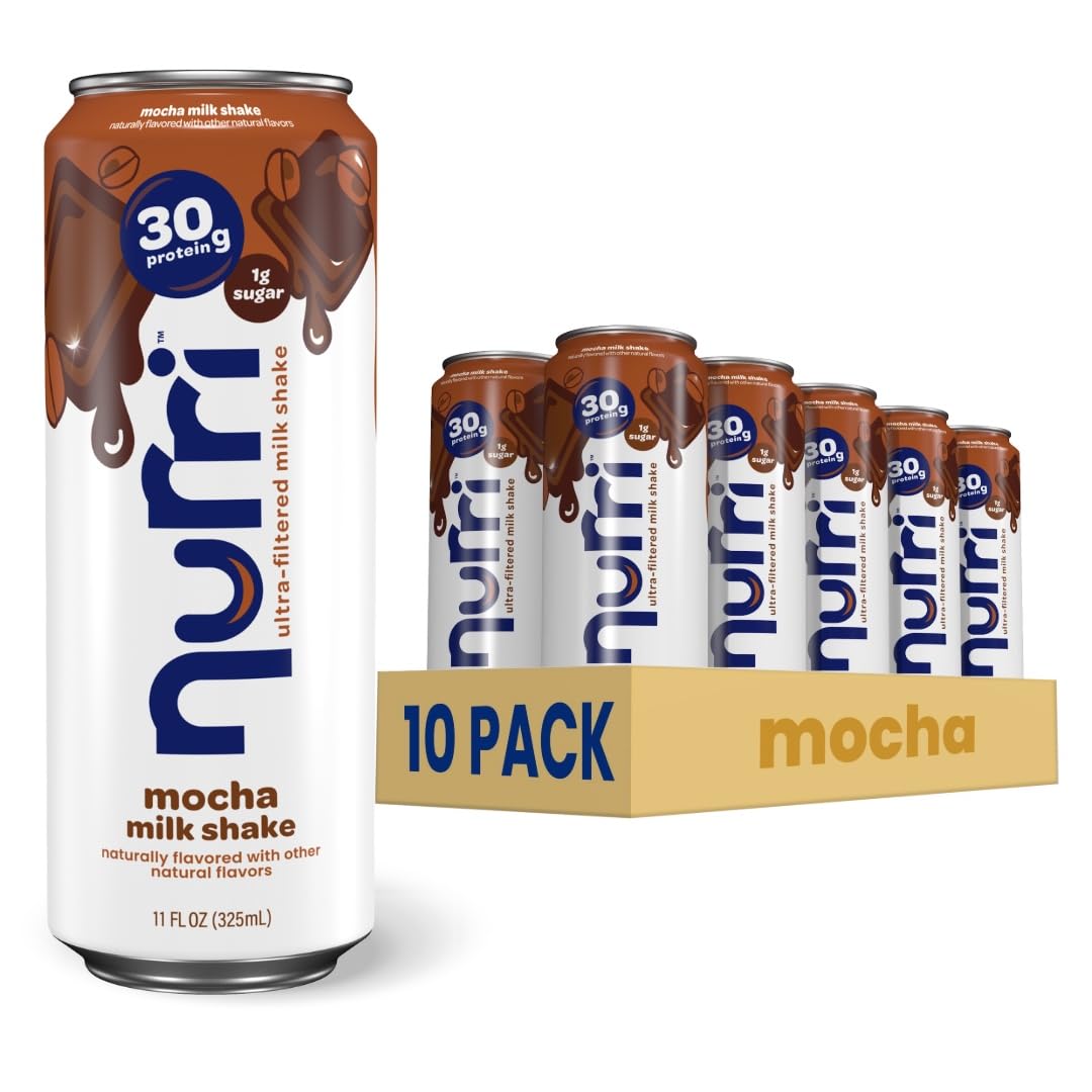Nurri Mocha Protein Shake – Ultra-Filtered Lactose-Free Milk, 80mg Caffeine, 30g Protein, 150 Calories, 11 oz Can, 10-Pack