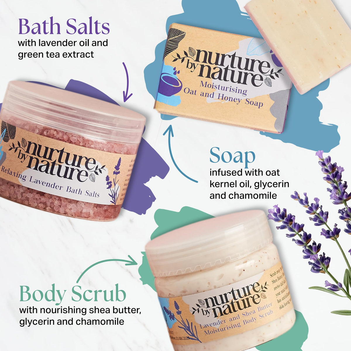 Nurture by Nature Self Care Gifts for Women - Spa Gift Baskets for Women & Relaxation Gifts | At Home Spa Kit | 6 Piece Bath Set with Pillow Spray, Candle, Bath Bomb & Bath Salts