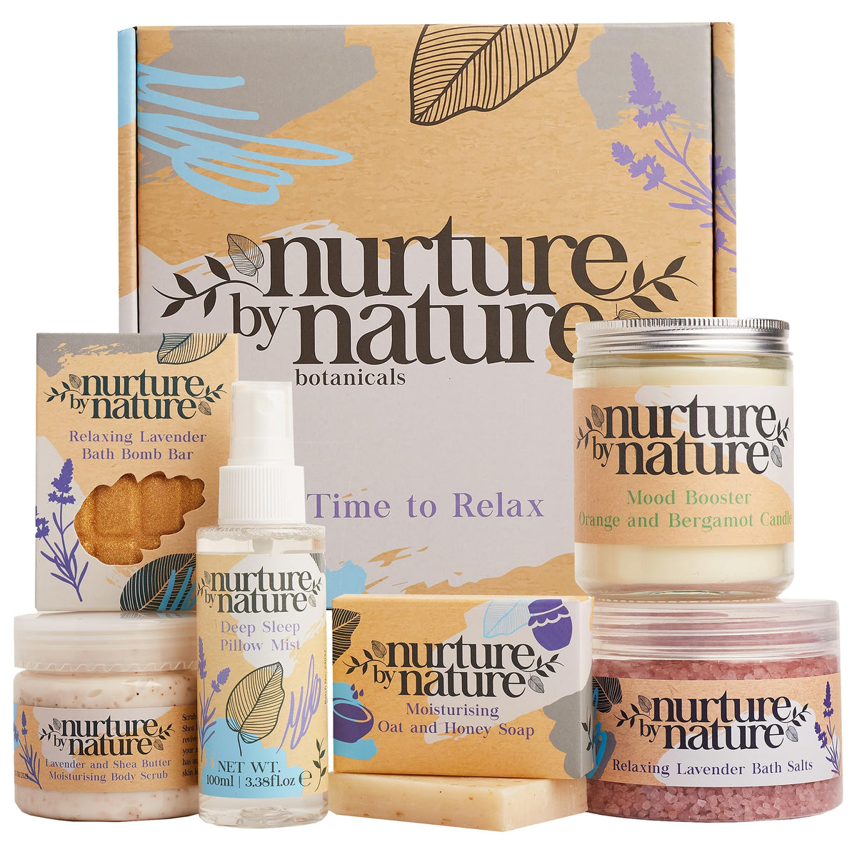 Nurture by Nature Self Care Gifts for Women - Spa Gift Baskets for Women & Relaxation Gifts | At Home Spa Kit | 6 Piece Bath Set with Pillow Spray, Candle, Bath Bomb & Bath Salts