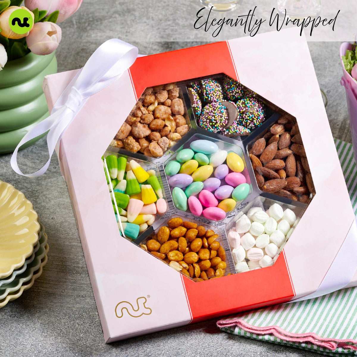 Nut Cravings Candies & Mixed Nuts Gift Basket – Red & Gold Box (1 lb) – 7 Assortments