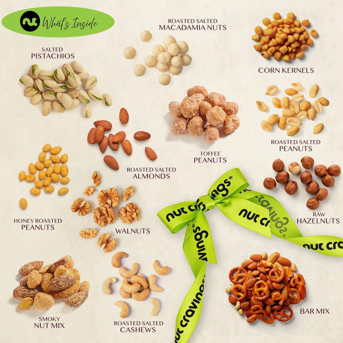 Nut Cravings Mothers Day Mixed Nuts Gift Basket in Diamond Wooden Tray + Green Ribbon (12 Assortments)