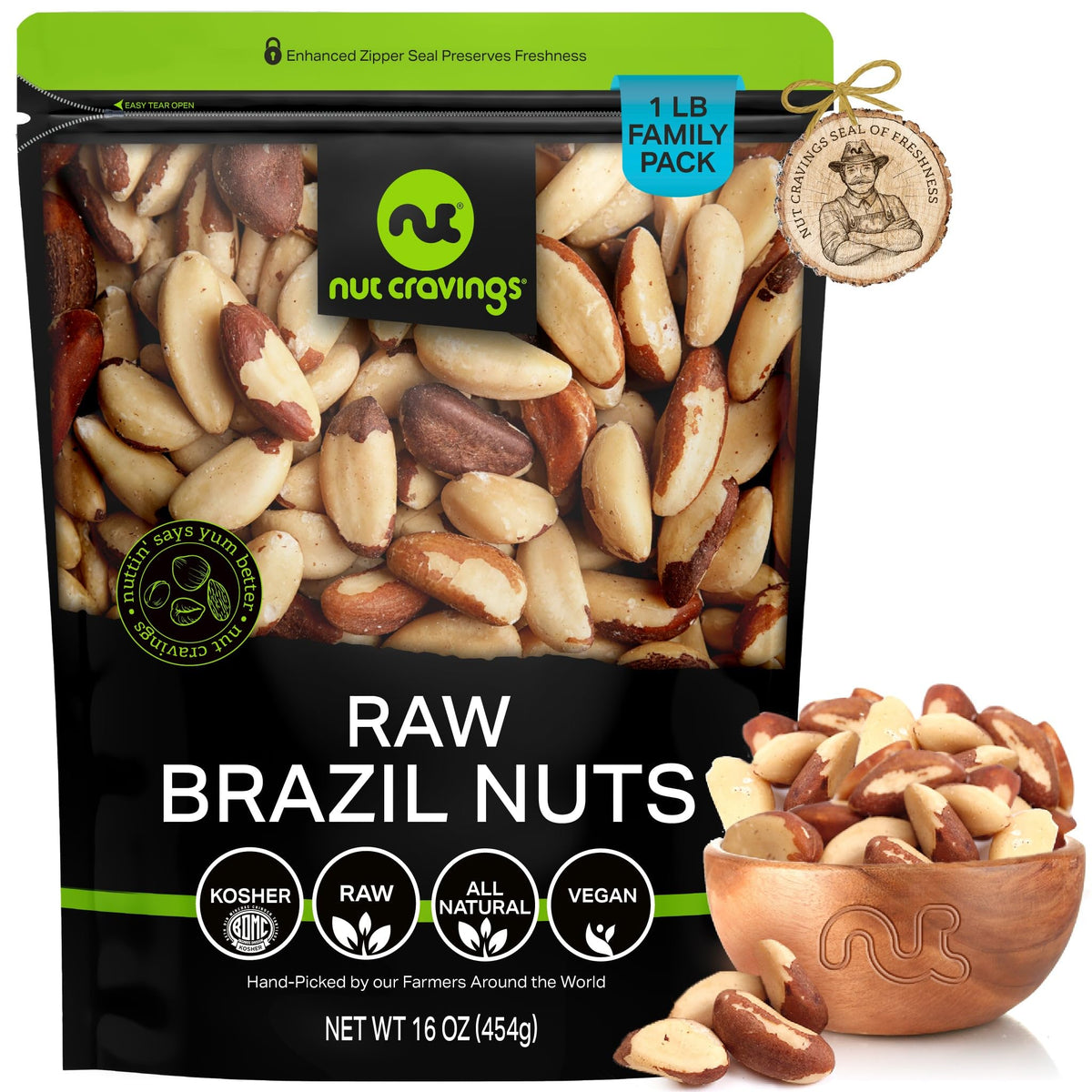 Nut Cravings Raw Brazil Nuts – Unsalted, Whole, 16oz, Resealable Bag, Kosher