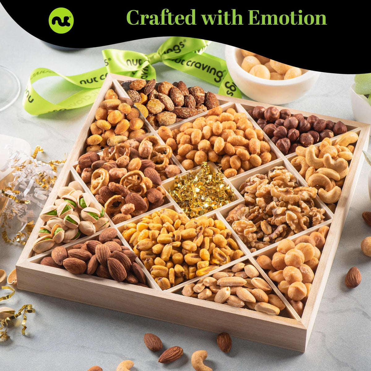 Nut Cravings Mothers Day Mixed Nuts Gift Basket in Diamond Wooden Tray + Green Ribbon (12 Assortments)