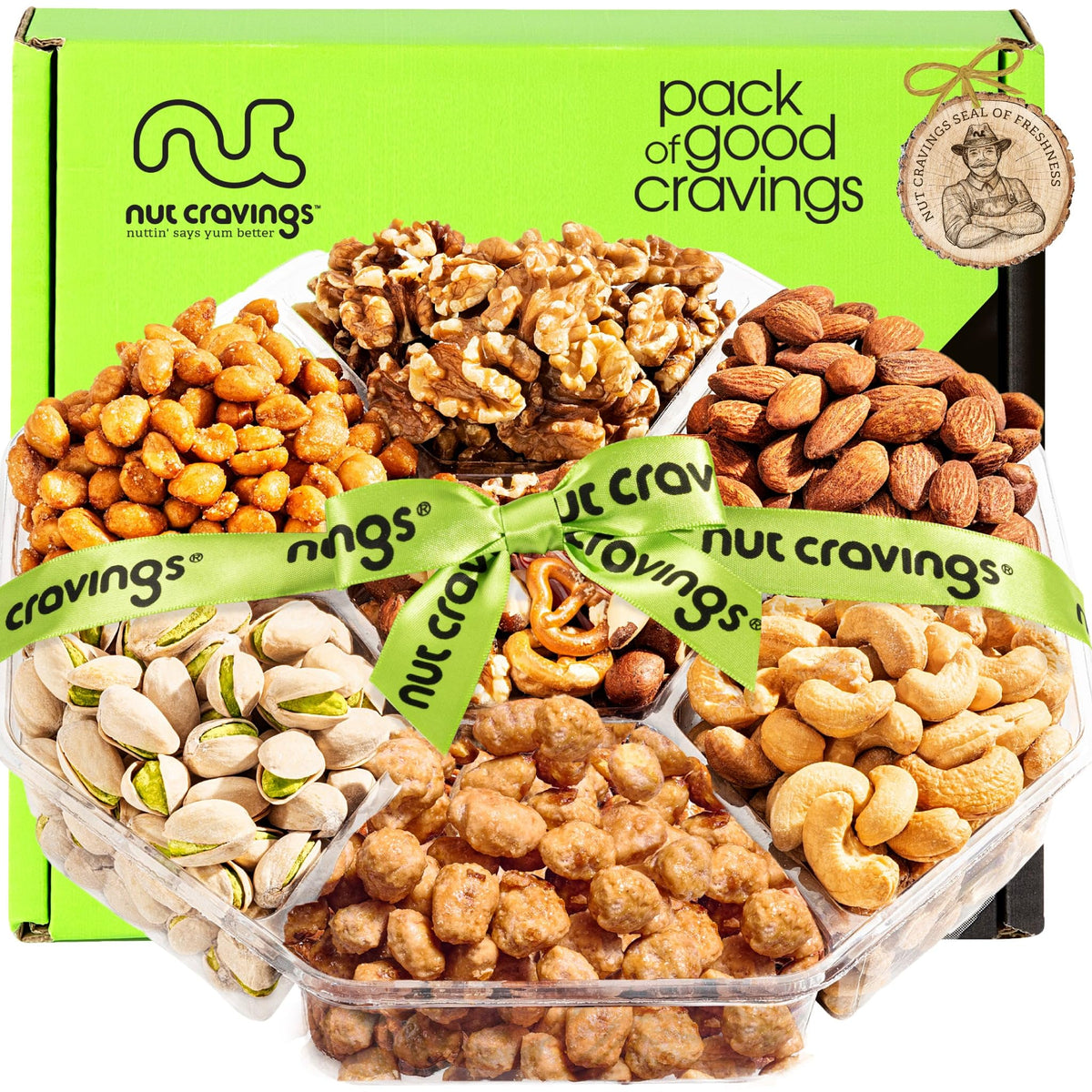 Nut Cravings Mother's Day Gift Basket – 7 Assorted Nuts, 1 lb, Green Ribbon