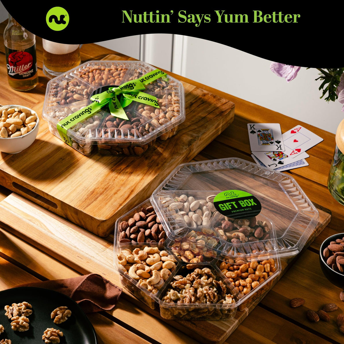 Nut Cravings Mother's Day Gift Basket – 7 Assorted Nuts, 1 lb, Green Ribbon