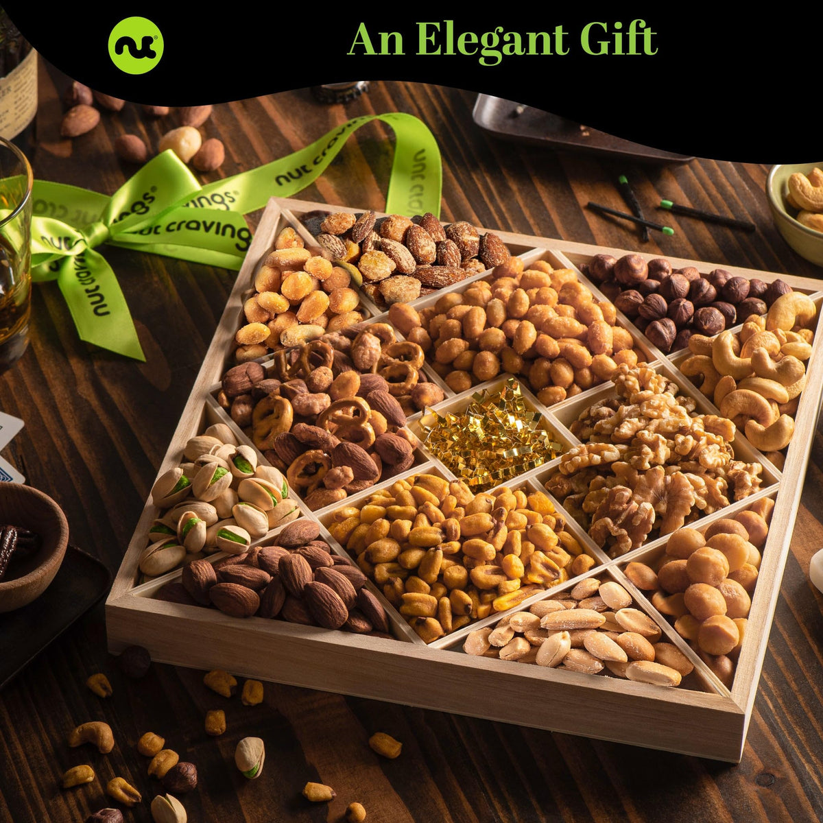 Nut Cravings Mothers Day Mixed Nuts Gift Basket in Diamond Wooden Tray + Green Ribbon (12 Assortments)