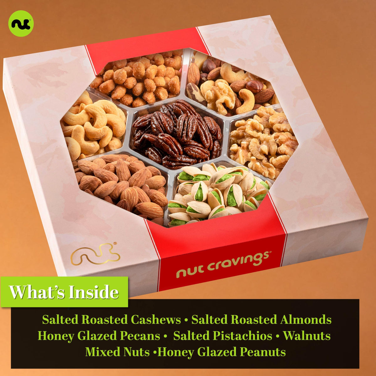 Nut Cravings Mother's Day Gift Box — 7-Nuts Assortment in Red & Gold (1 lb) Kosher