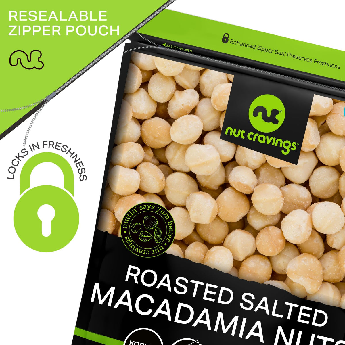 Nut Cravings Roasted & Salted Macadamia Nuts – No Shell, 32oz Bulk Bag