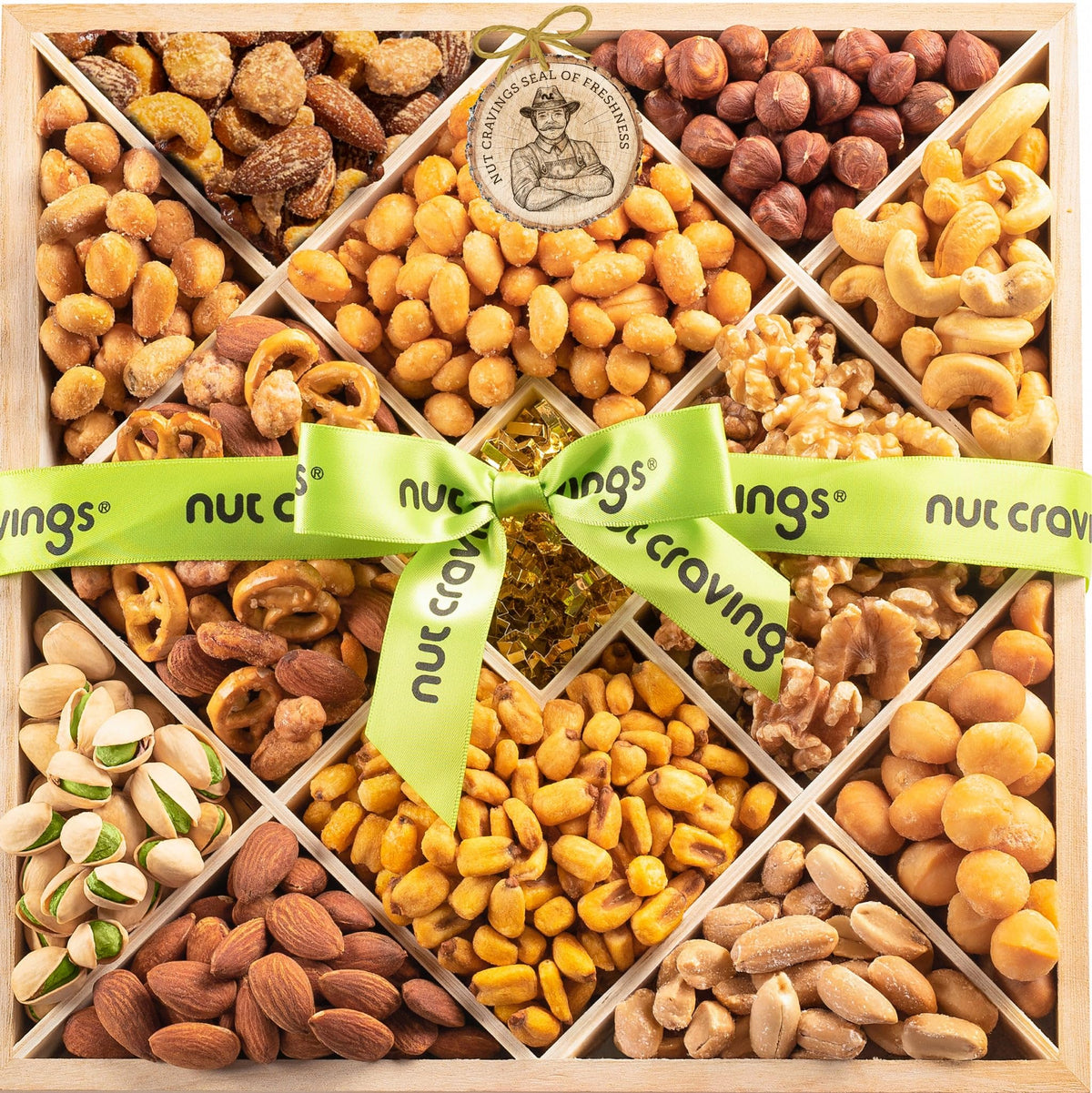 Nut Cravings Mothers Day Mixed Nuts Gift Basket in Diamond Wooden Tray + Green Ribbon (12 Assortments)