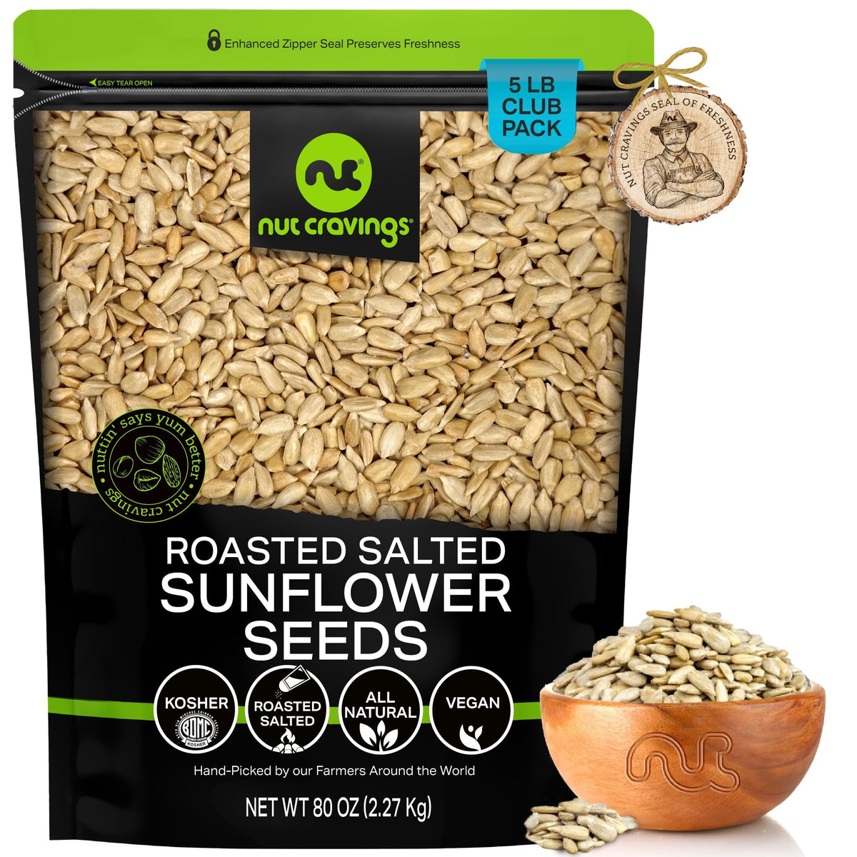 Nut Cravings Roasted Salted Sunflower Seeds — Shell-Free Kernels, 80oz Bulk in Resealable Bag