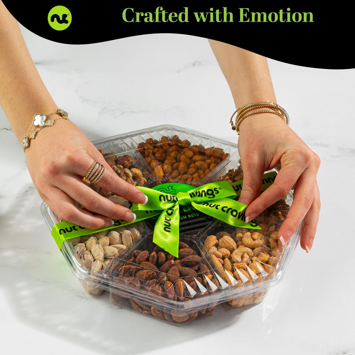 Nut Cravings Mother's Day Gift Basket – 7 Assorted Nuts, 1 lb, Green Ribbon