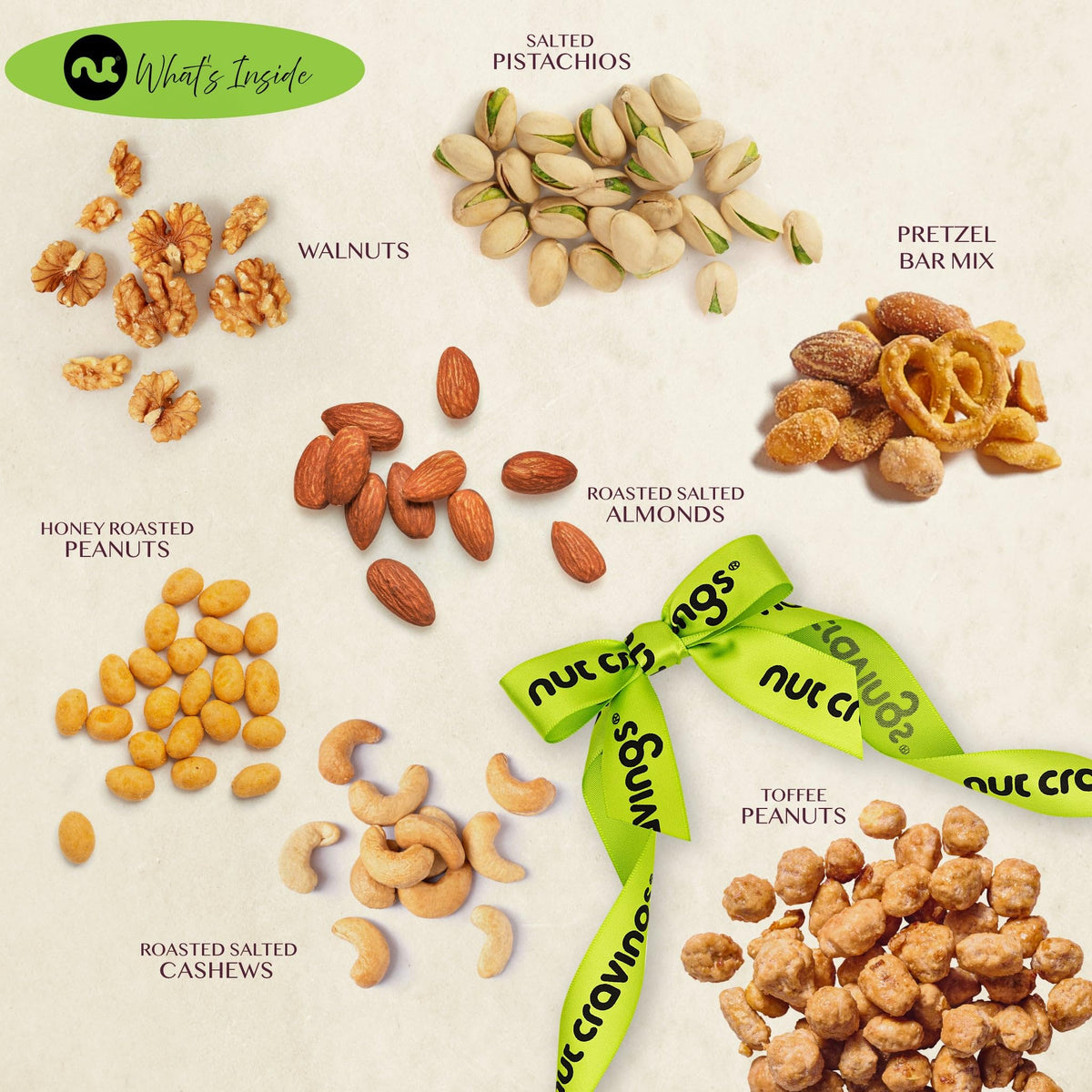 Nut Cravings Mother's Day Gift Basket – 7 Assorted Nuts, 1 lb, Green Ribbon
