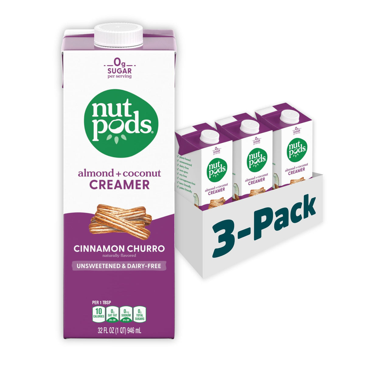 nutpods Unsweetened Cinnamon Churro Dairy-Free Coffee Creamer - 32oz 3-Pack
