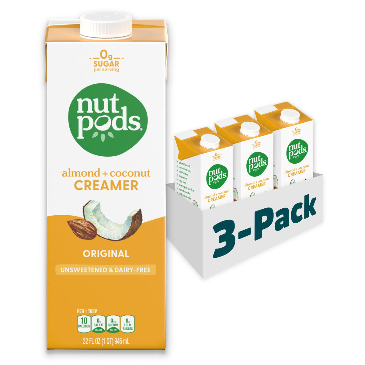 nutpods Original Unsweetened Dairy-Free Coffee Creamer – 32oz (3-Pack)