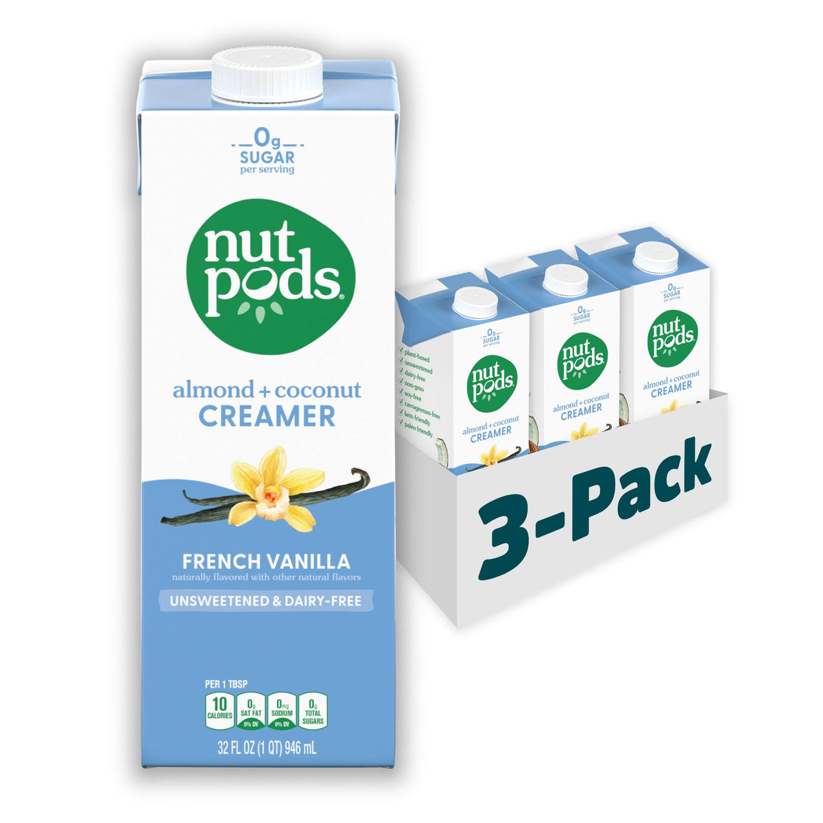 nutpods Unsweetened French Vanilla Dairy-Free Coffee Creamer – 32oz 3-Pack, Zero Sugar