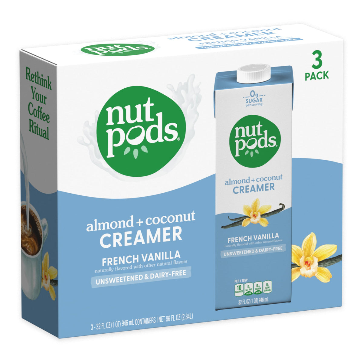 nutpods Unsweetened French Vanilla Dairy-Free Coffee Creamer – 32oz 3-Pack, Zero Sugar