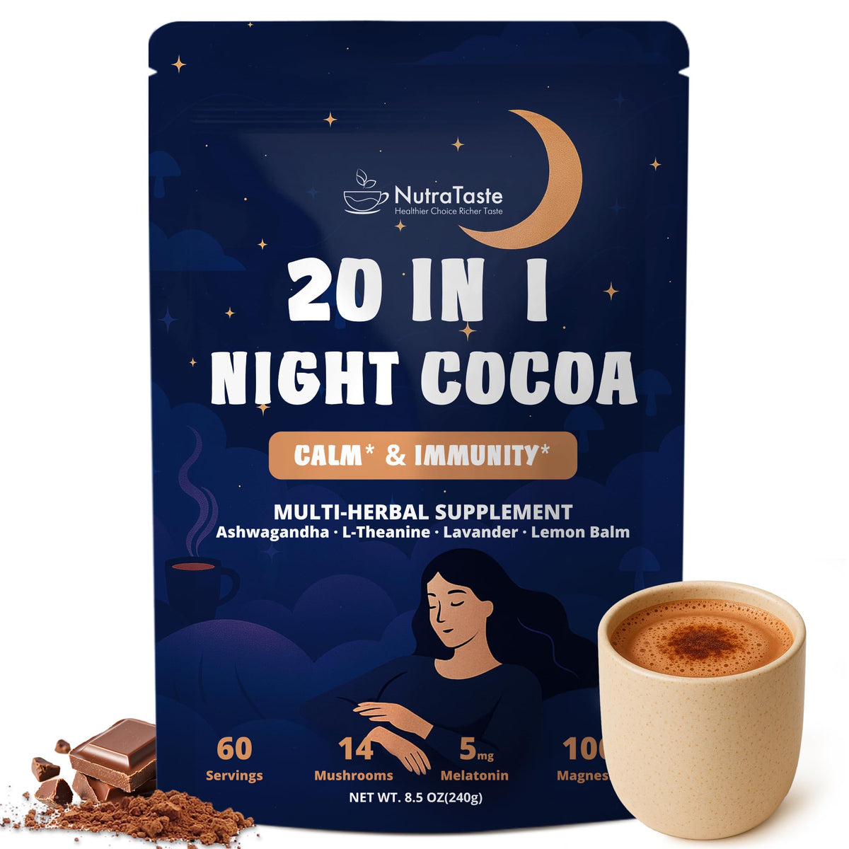 60 Servings Mushroom Hot Cocoa for Sleep, Calm & Immunity | 14 Mushroom Extracts, Magnesium Glycinate, 5mg Melatonin | Non-GMO, Keto-Friendly | NutraTaste