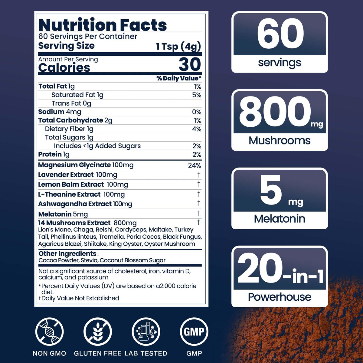 60 Servings Mushroom Hot Cocoa for Sleep, Calm & Immunity | 14 Mushroom Extracts, Magnesium Glycinate, 5mg Melatonin | Non-GMO, Keto-Friendly | NutraTaste