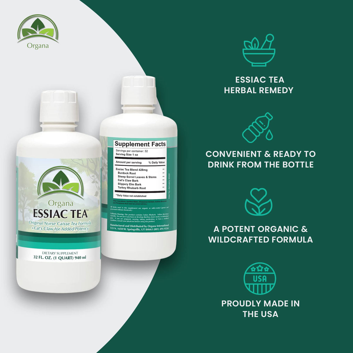 NutriNoche Organa Essiac Tea - Organic Liquid 4-Herb Essiac Blend (32 oz) | Ojibwa Herbal Detox