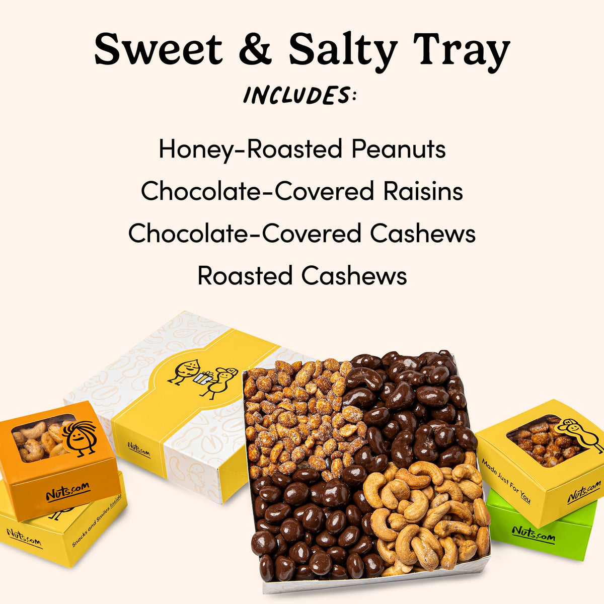 Nuts.com Sweet & Salty Gift Tray – 1.25 Lbs Nut Sampler: Roasted Cashews, Peanuts & Chocolate-Covered Raisins