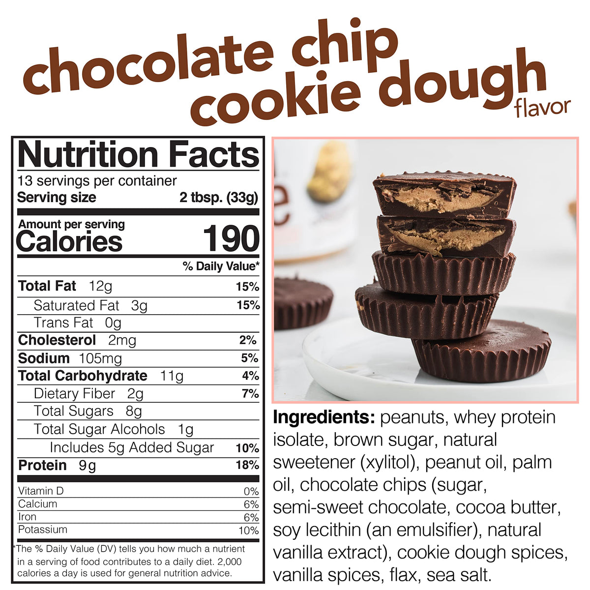 Nuts N More Chocolate Chip Cookie Dough Peanut Butter Spread – 9g Protein, Low Sugar, Gluten Free (15oz)