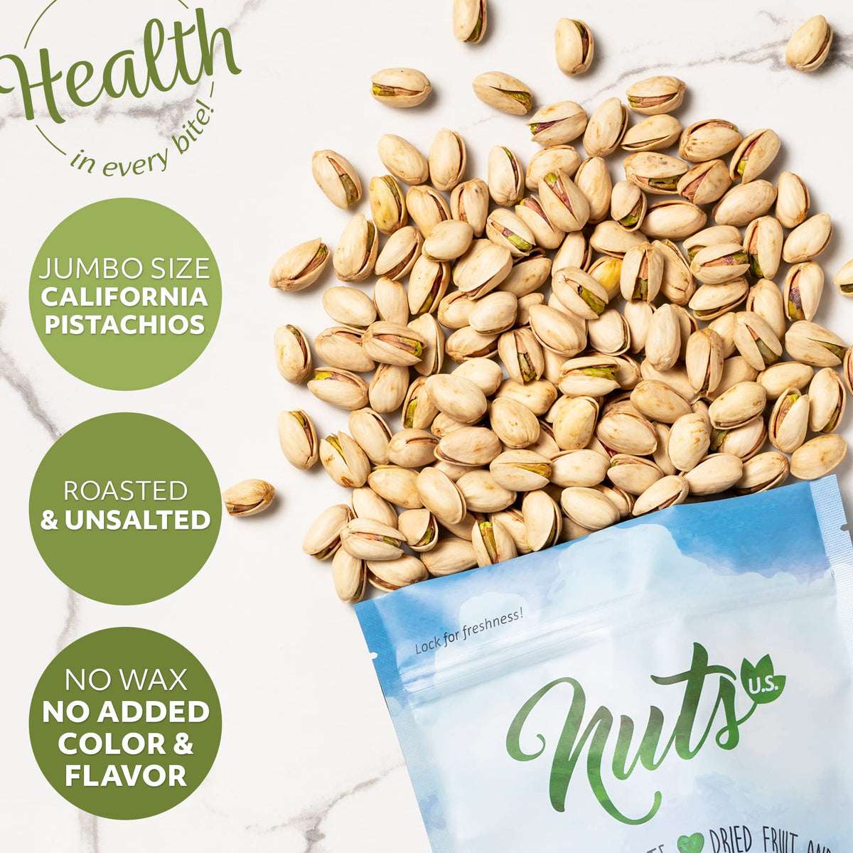 NUTS U.S. California Pistachios – Roasted & Salted, No Wax, NON-GMO, Resealable 3 LBS