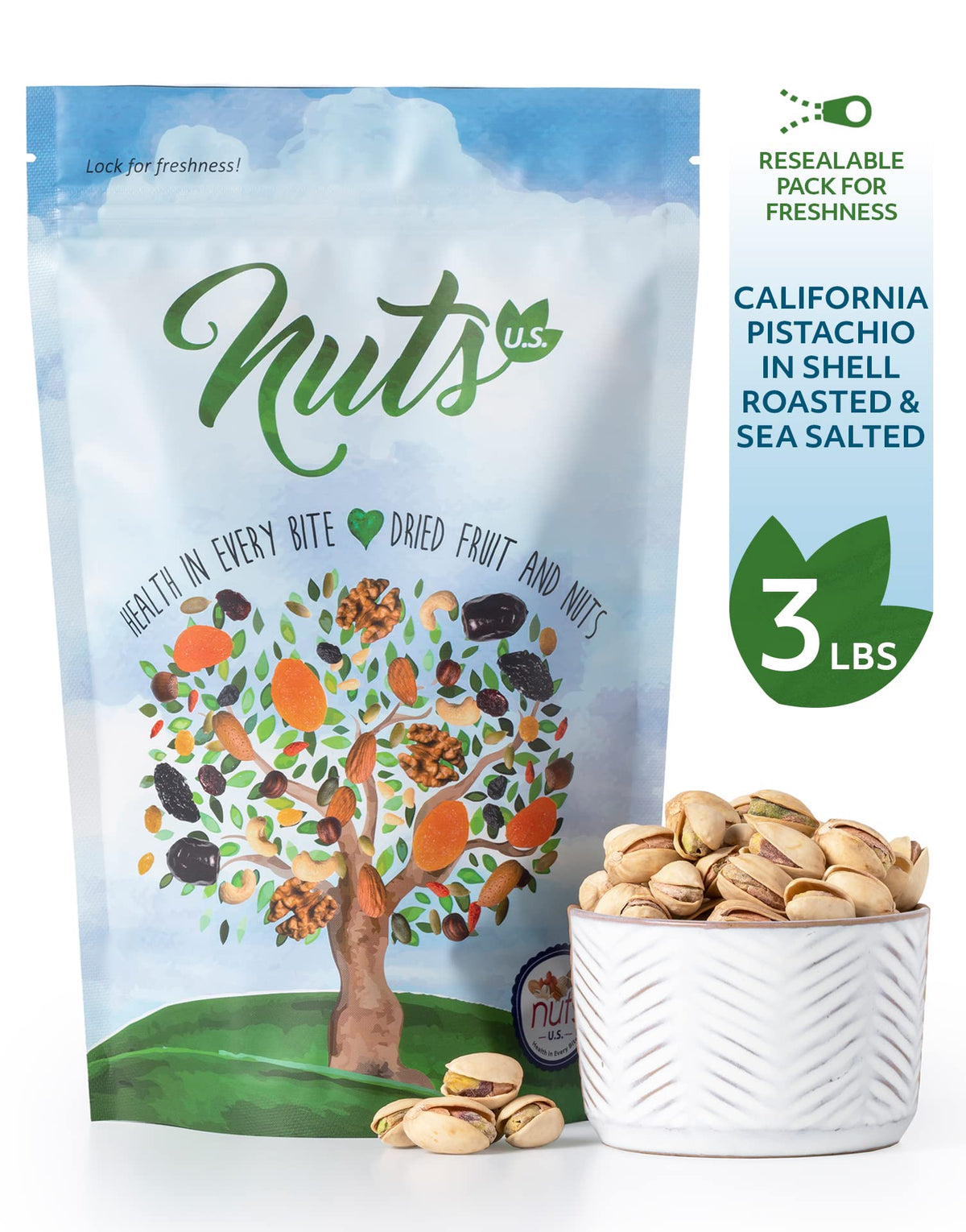 NUTS U.S. California Pistachios – Roasted & Salted, No Wax, NON-GMO, Resealable 3 LBS